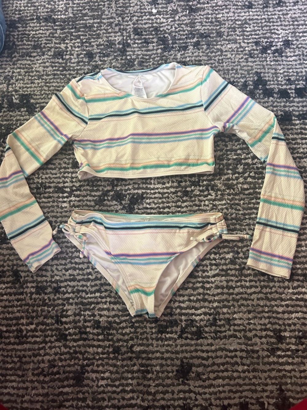 Striped Long Sleeve Crop Bikini Set in Pastel Stripes